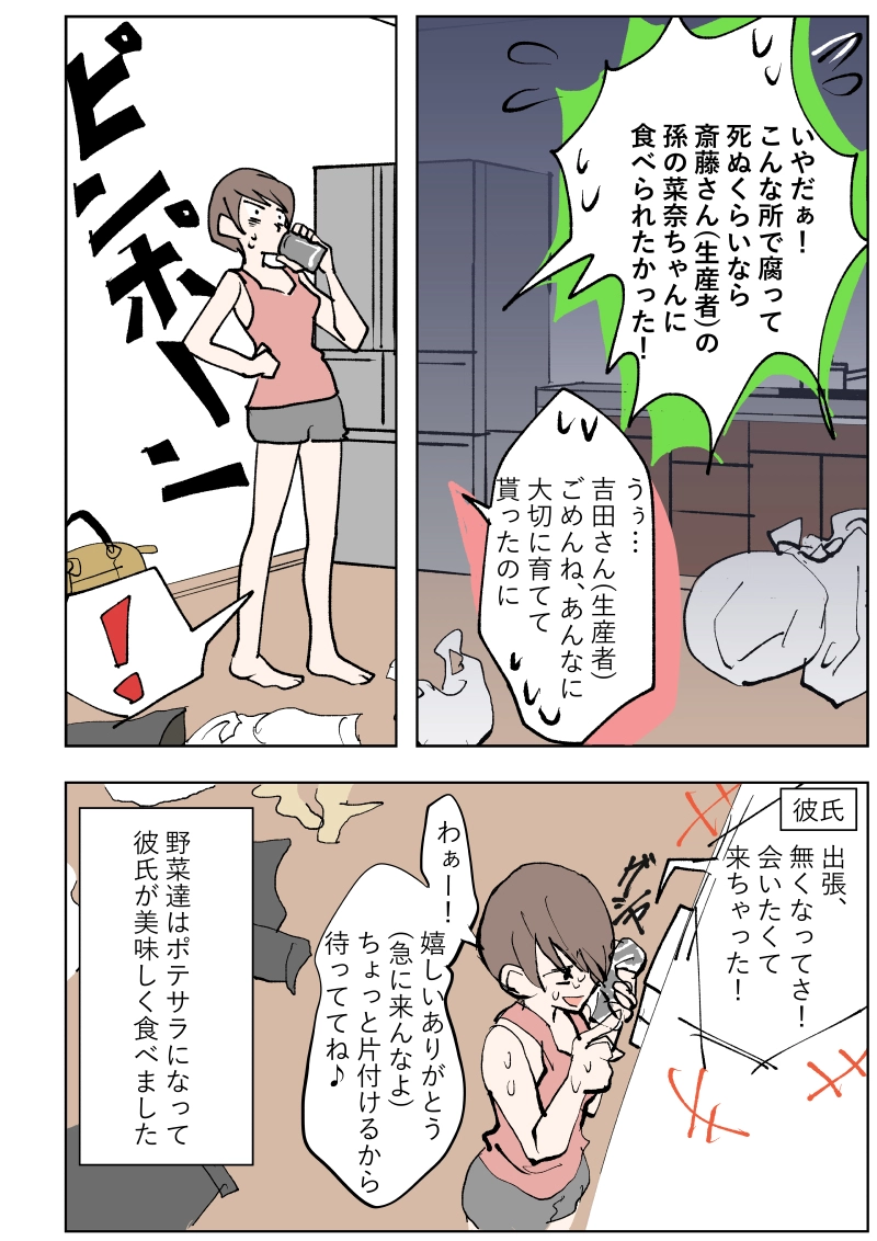野菜（廃棄寸前）達の嘆き～一人暮らしOLの冷蔵庫より～